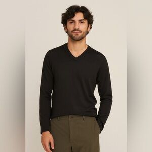 John Varvatos USA Black Wool Blend V-Neck Sweater Size L Textured Sleeve